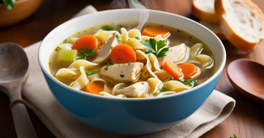 A steaming bowl of classic chicken noodle soup sits on a wooden table, surrounded by a rustic spoon and crusty bread, exuding warmth and comfort in a cozy kitchen setting.