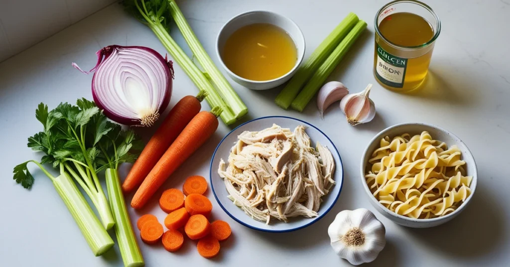 A flat lay of fresh ingredients for classic chicken noodle soup, including chopped onions, carrots, celery, shredded chicken, egg noodles, garlic, olive oil, and chicken broth, arranged beautifully in soft natural light.