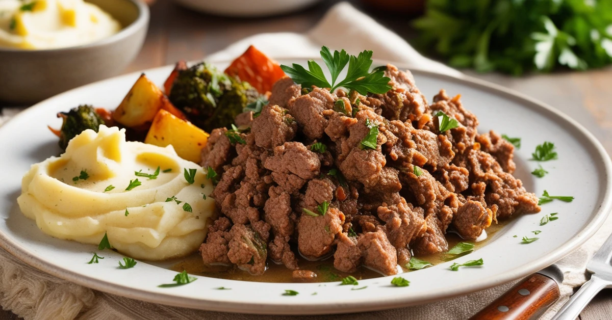 A plated classic ground venison dish garnished with fresh parsley, served with mashed potatoes and roasted vegetables.