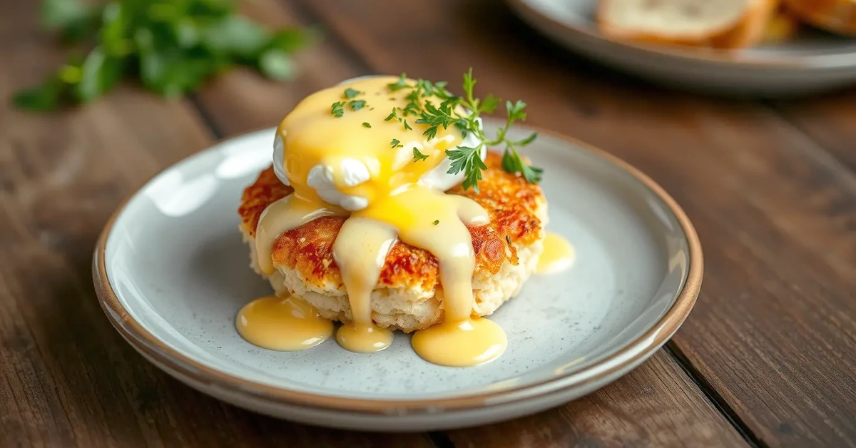 Close-up of Crab Cake Benedict served on an English muffin, topped with a poached egg and creamy hollandaise sauce, garnished with fresh chives. The golden, crispy crab cake adds a seafood twist to the classic Eggs Benedict.