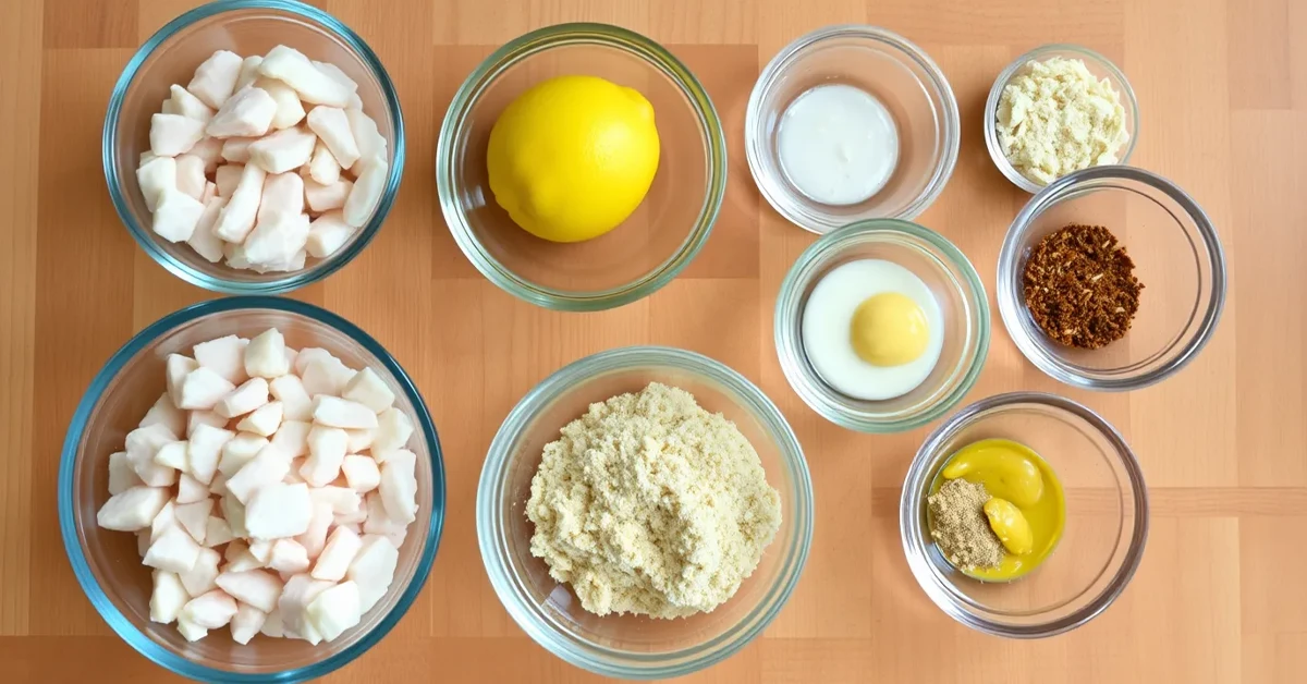 Ingredients for Crab Cake Benedict, including crab meat, eggs, lemon, breadcrumbs, and seasonings on a wooden countertop.