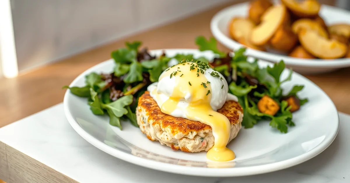 Crab Cake Benedict on a white plate with a poached egg, hollandaise sauce, and a side of greens.