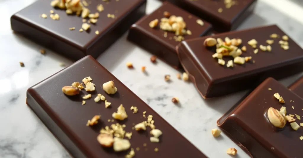 Finished Dubai Chocolate Bar Recipe on a marble countertop, topped with pistachios and gold leaf.