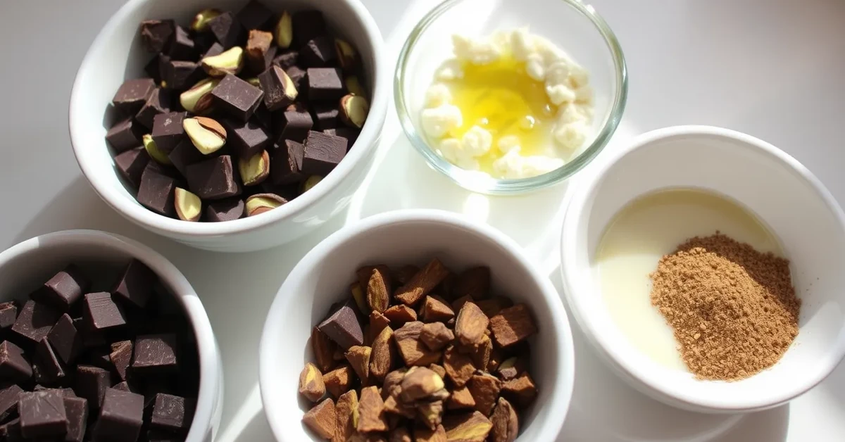 Ingredients for Dubai Chocolate Bar Recipe including chocolate, pistachios, coconut oil, and cardamom.