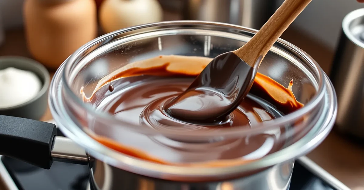 Melting chocolate in preparation for Dubai Chocolate Bar Recipe, stirred in a glass bowl.