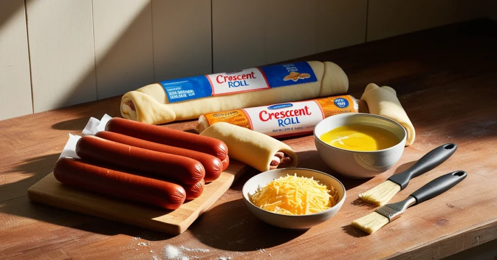 Ingredients for Easy Hot Dog Roll-Ups, including hot dogs, crescent roll dough, shredded cheese, and melted butter on a rustic wooden countertop.