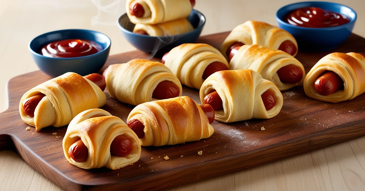 Golden and crispy Easy Hot Dog Roll-Ups served on a wooden board with ketchup and mustard for dipping.