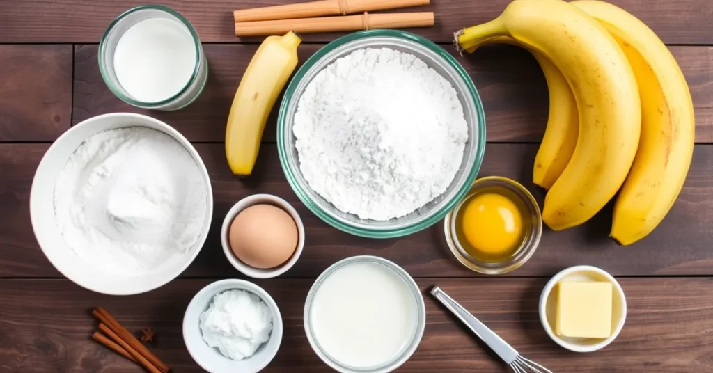 Arrangement of ingredients for banana pancakes on a wooden surface, including ripe bananas, all-purpose flour, sugar, baking powder, baking soda, salt, milk, an egg, and melted butter, along with a touch of cinnamon and kitchen utensils like a whisk and measuring cups.