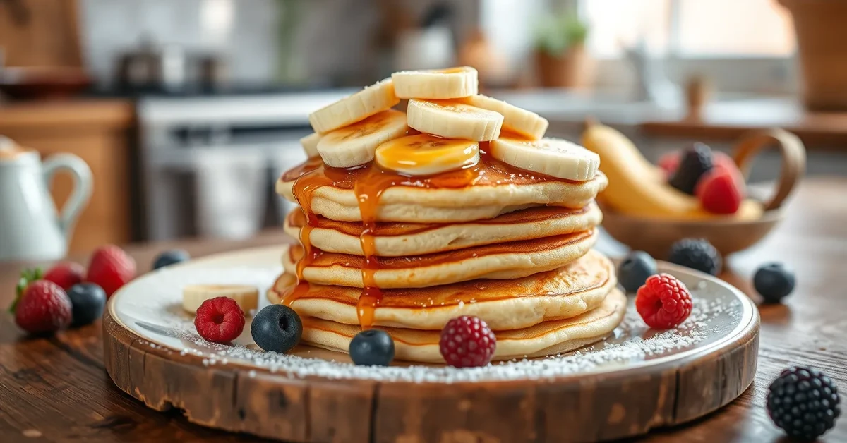 Stack of fluffy banana pancakes topped with sliced bananas, drizzled with maple syrup, and dusted with powdered sugar. Fresh berries are scattered around the pancakes, set against a cozy kitchen background illuminated by soft morning light.