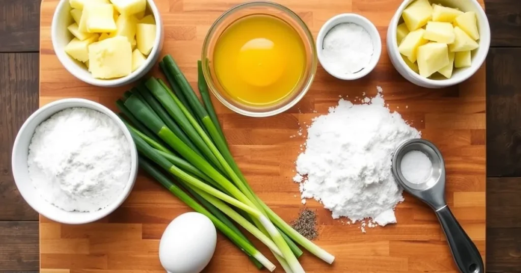 Ingredients for Fried Mashed Potatoes: mashed potatoes, flour, egg, salt, and black pepper.