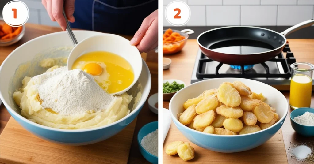 Preparing Fried Mashed Potatoes: mixing ingredients in a bowl.