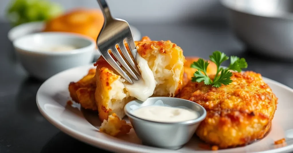 Presentation of Fried Mashed Potatoes with creamy interior and dipping sauce.