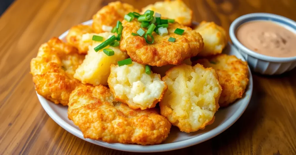 Fried Mashed Potatoes garnished with green onions and served with dipping sauce.