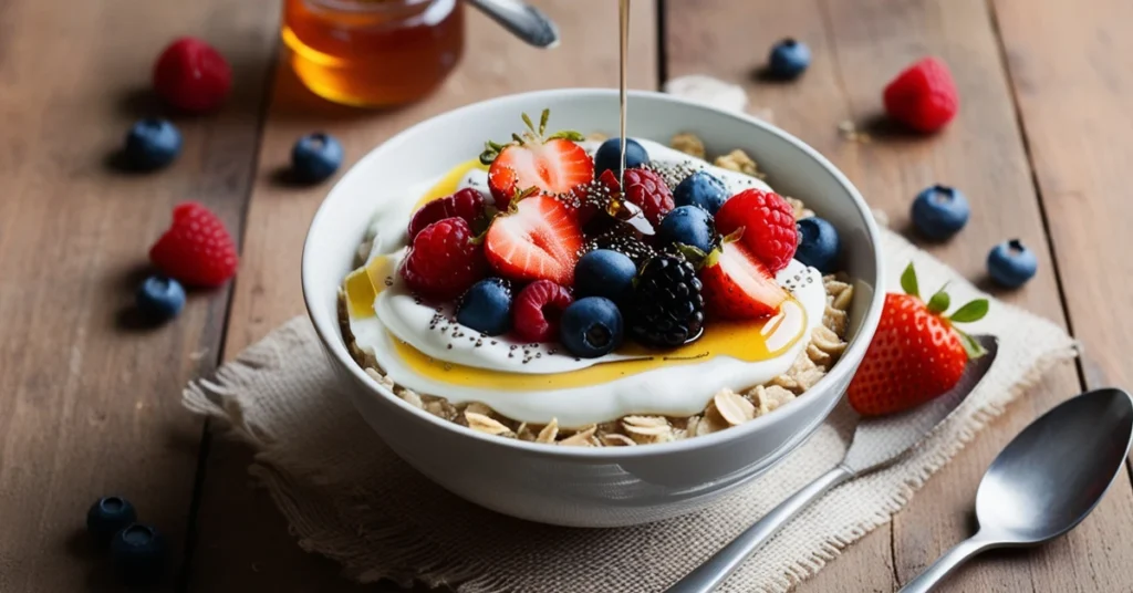 A colorful bowl of overnight oats topped with creamy Greek yogurt and a variety of fresh berries, including strawberries, blueberries, and raspberries, served with a spoon.