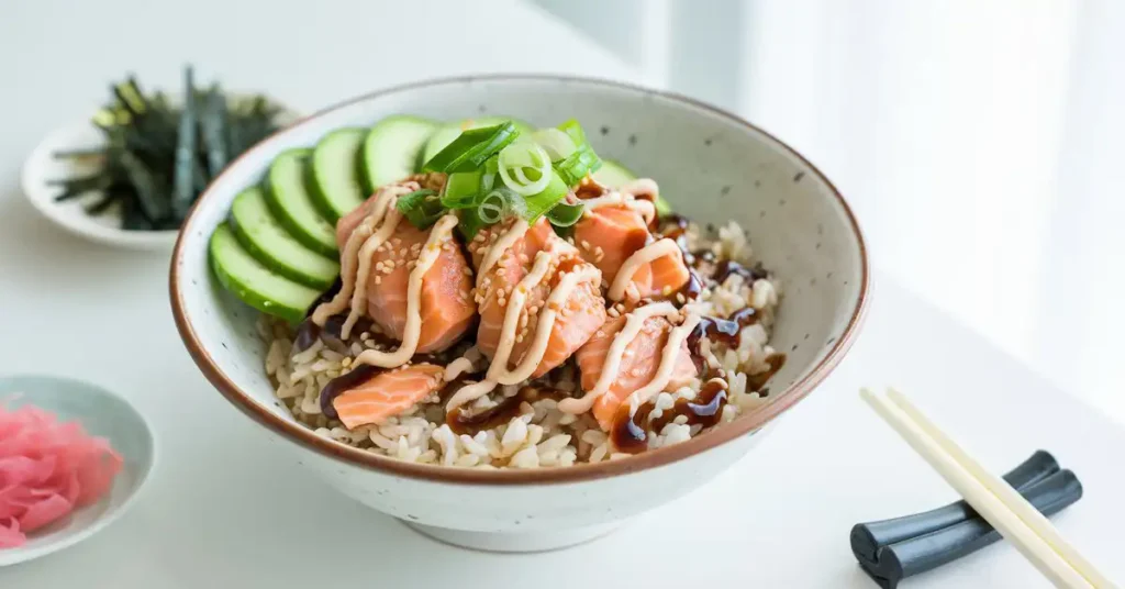 Delicious Salmon Rice Bowl topped with fresh vegetables and drizzled with spicy Sriracha mayo, served in a vibrant bowl on a wooden table.