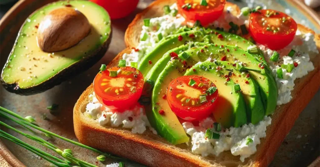 A delicious plate of savory cottage cheese toast topped with fresh herbs, sliced tomatoes, and a sprinkle of black pepper, served on rustic bread.