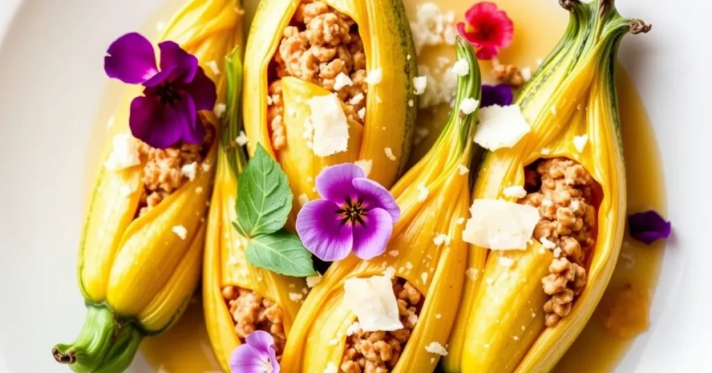 A beautifully presented dish of stuffed zucchini flowers.