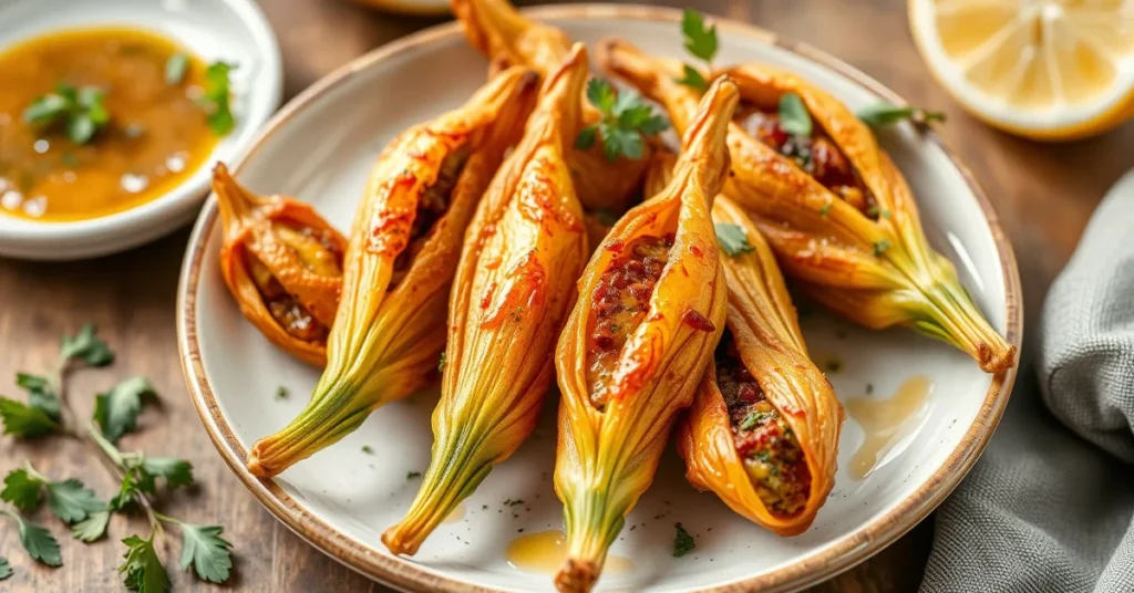 A delicious plate of stuffed zucchini flowers, perfect for a summer appetizer.