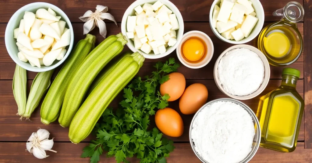 Fresh ingredients for making stuffed zucchini flowers.