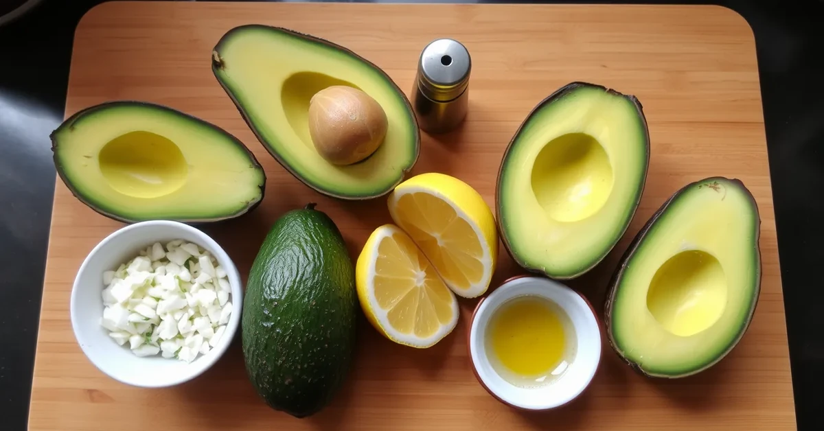 Ingredients for avocado spread: avocados, garlic, lemon, salt, pepper, and olive oil on a wooden board.