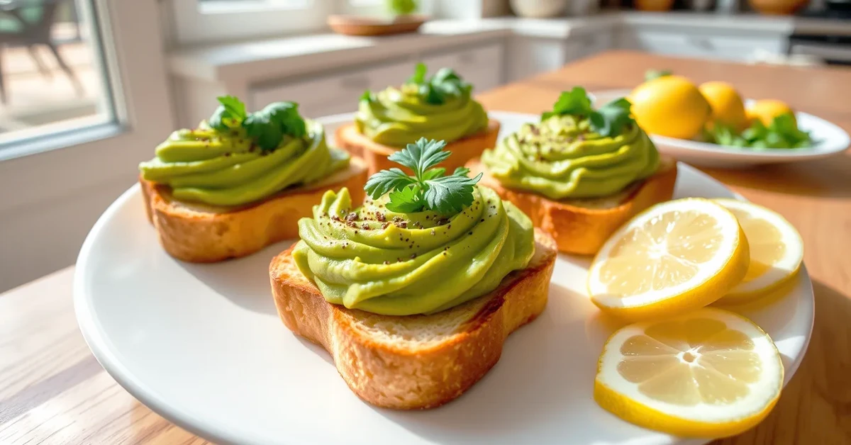 Avocado spread on toast with garnishes of lemon and parsley on a white plate.