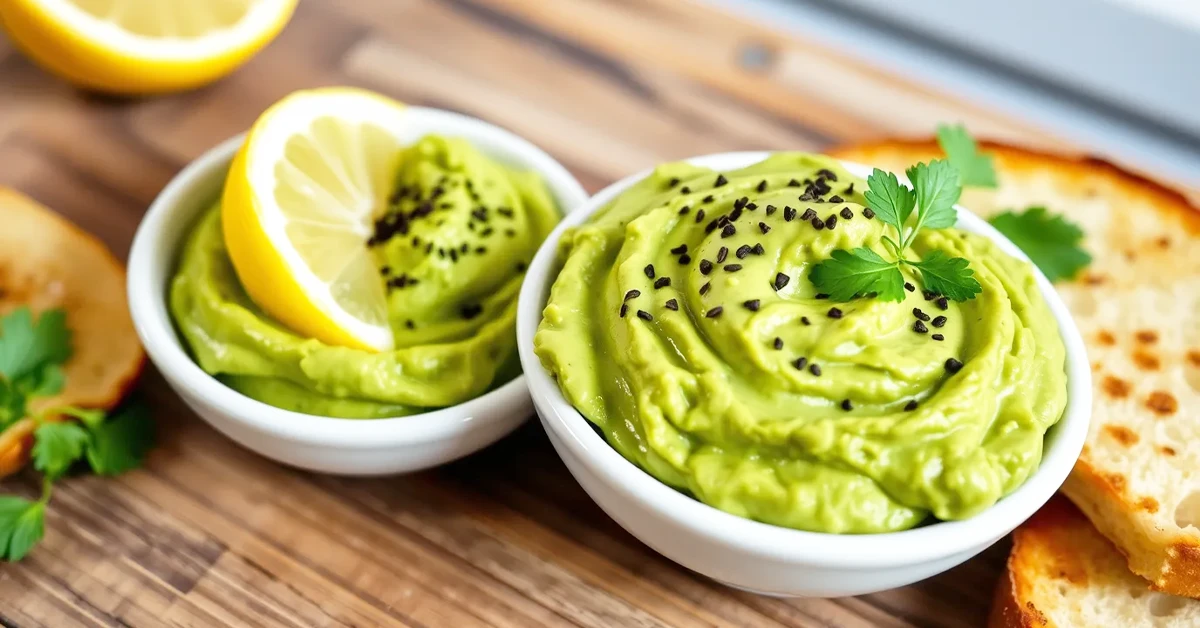 Smooth and creamy avocado spread in a white bowl, garnished with lemon and parsley.