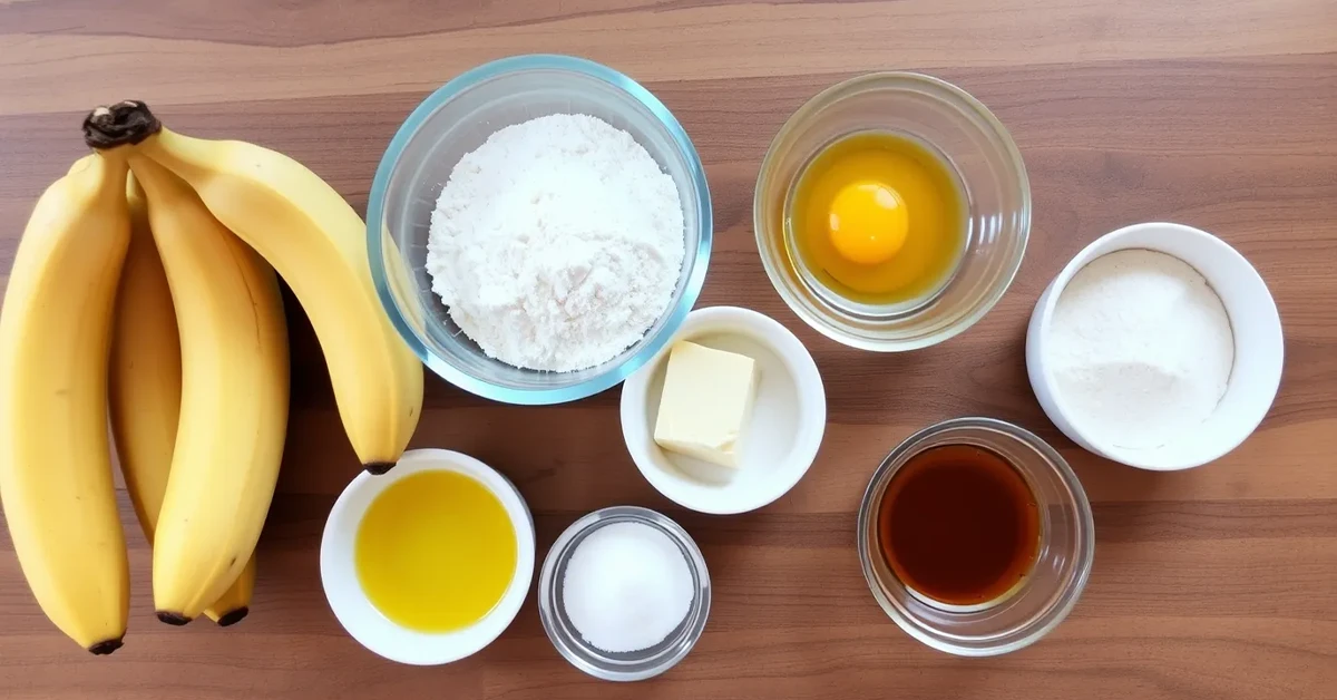 Ingredients for Banana Bread Mini Muffins arranged on a wooden countertop.