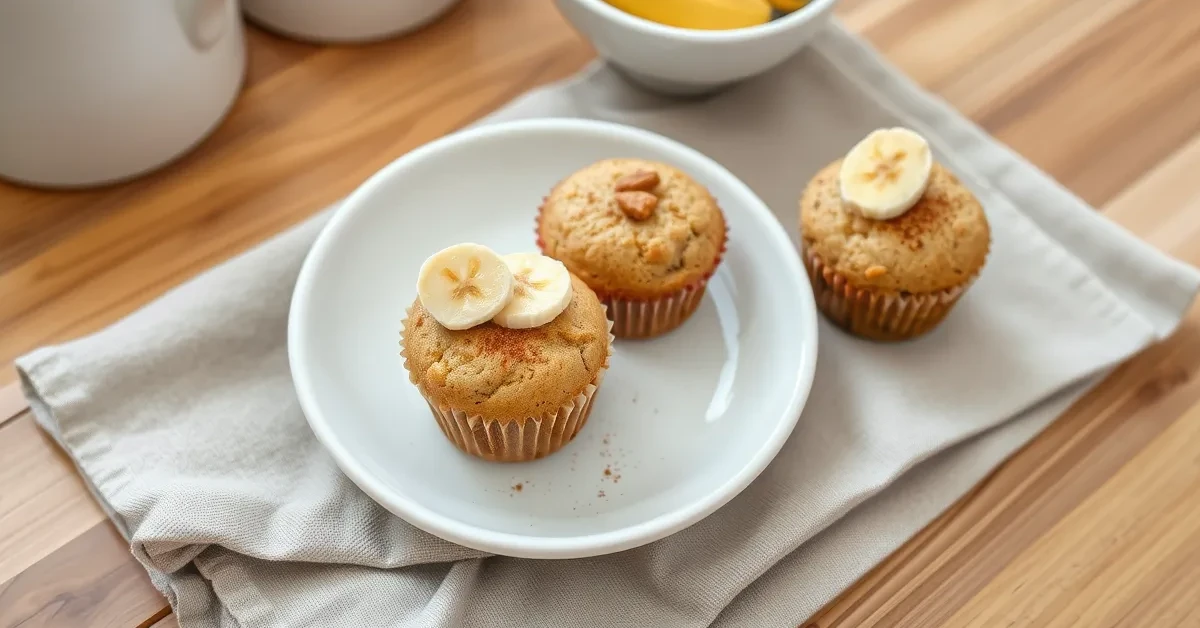 Banana Bread Mini Muffins presented on a white plate with banana slices and cinnamon garnish.