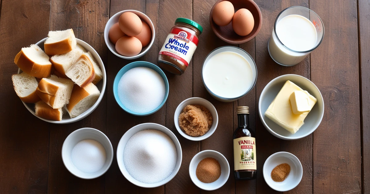 Ingredients for Brioche French Toast Casserole, including brioche bread, eggs, milk, cream, cinnamon, sugar, and vanilla extract.