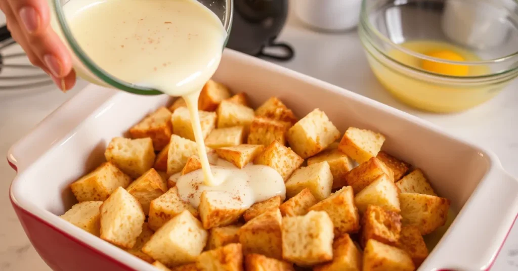 Pouring custard over cubed brioche bread to prepare Brioche French Toast Casserole.