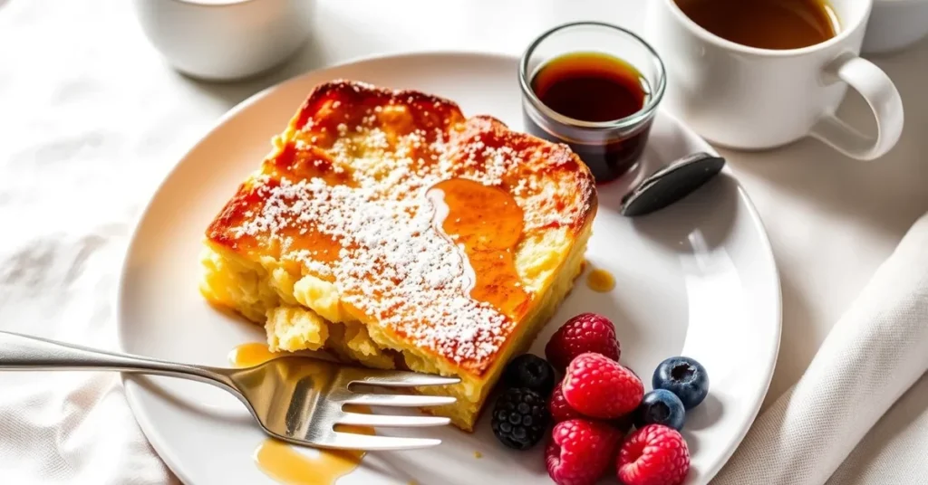 A plated slice of Brioche French Toast Casserole with powdered sugar, maple syrup, and fresh berries.