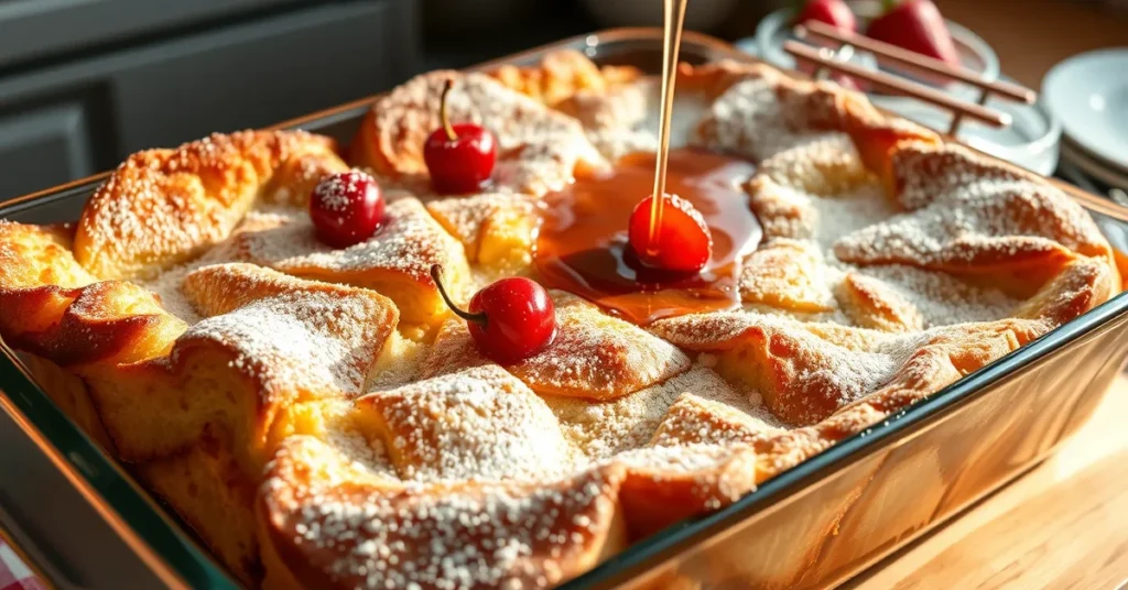 Golden Brioche French Toast Casserole in a baking dish with powdered sugar and a drizzle of maple syrup.