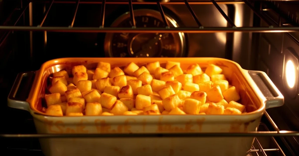 Buffalo Chicken Tater Tot Casserole baking in the oven, with melted cheese and crispy tater tots visible in the dish.