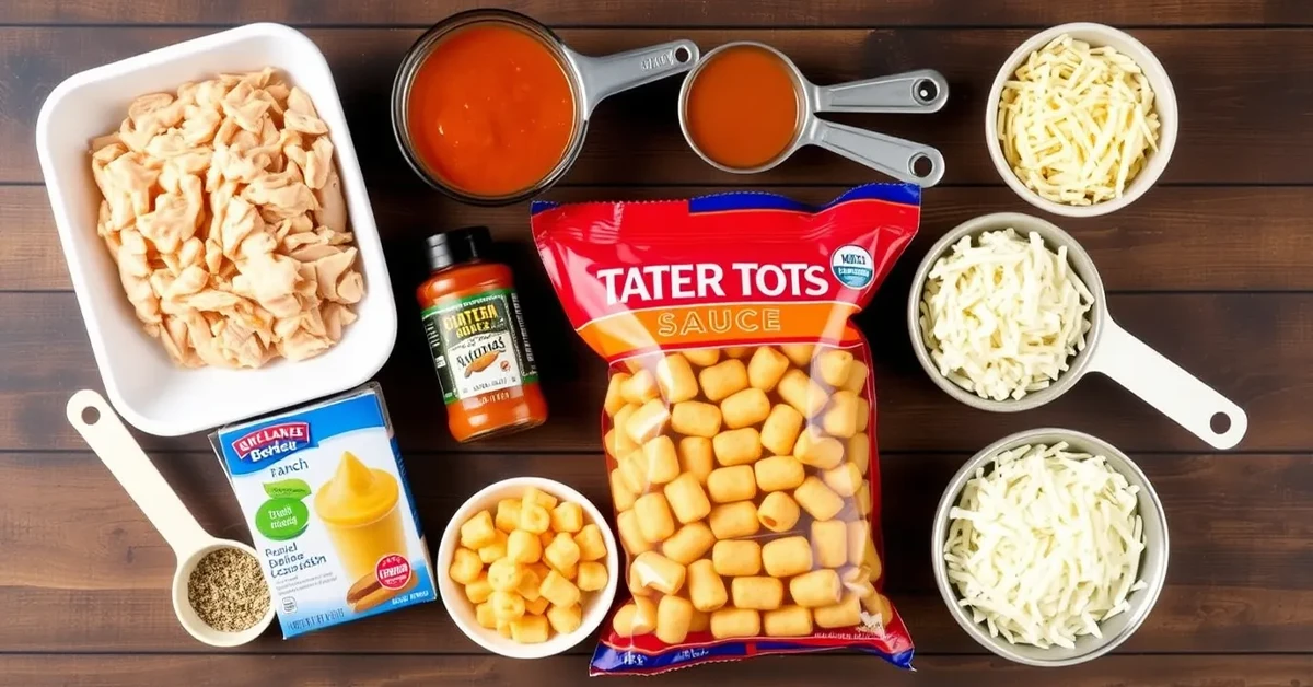 Ingredients for Buffalo Chicken Tater Tot Casserole, including shredded chicken, buffalo sauce, ranch dressing, and cheese, arranged on a wooden surface.