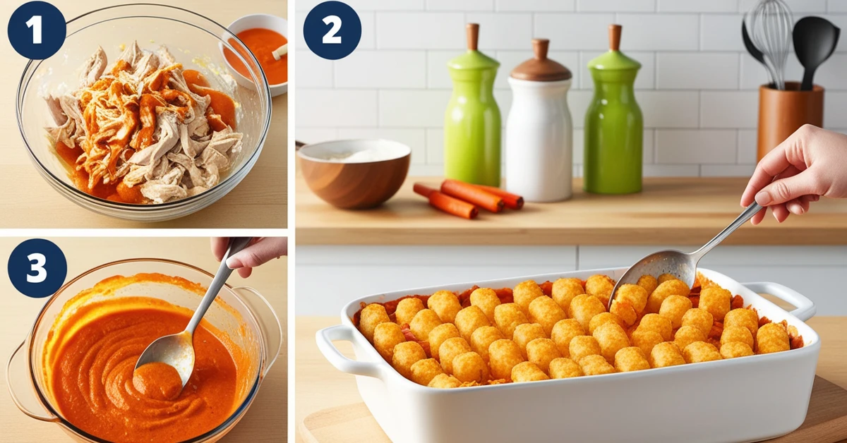 Preparing Buffalo Chicken Tater Tot Casserole, mixing shredded chicken with buffalo sauce in a bowl, with a casserole dish nearby.