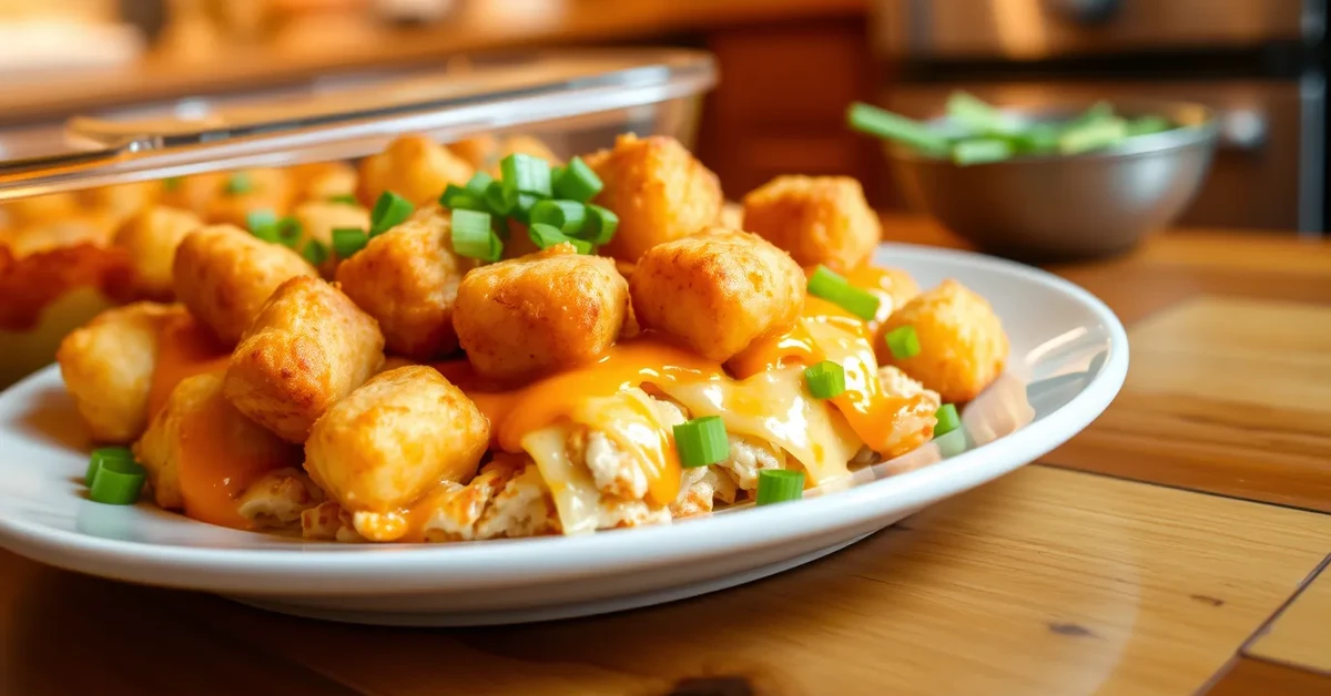 A serving of Buffalo Chicken Tater Tot Casserole topped with green onions, displayed in a white casserole dish on a wooden table.