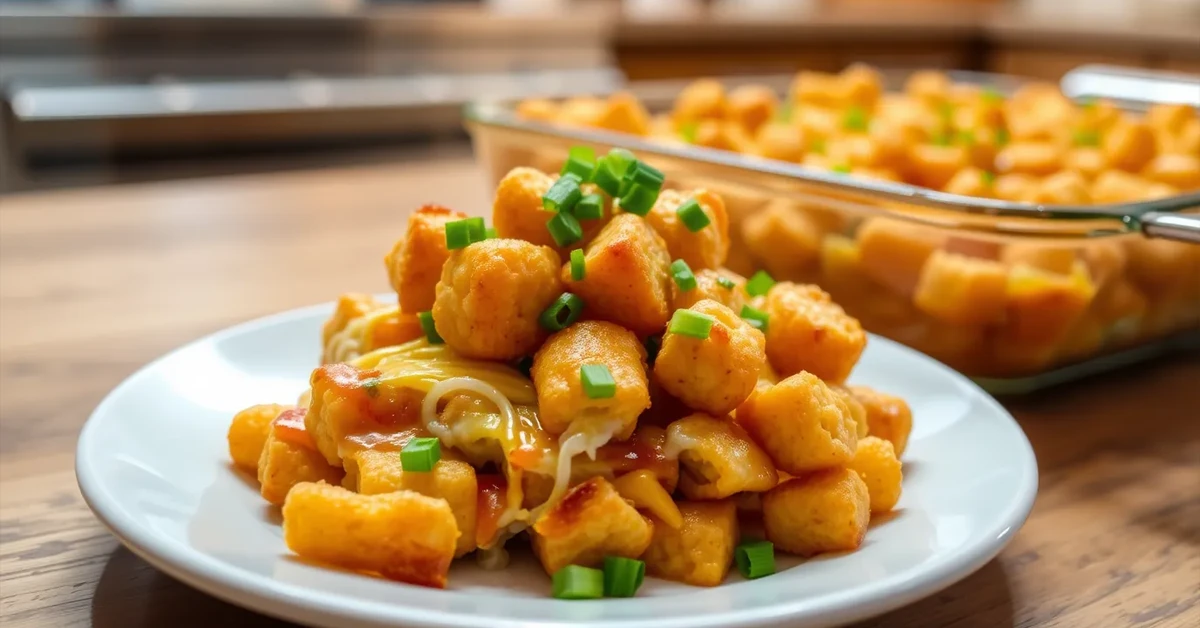 A serving of Buffalo Chicken Tater Tot Casserole topped with green onions, displayed in a white casserole dish on a wooden table.