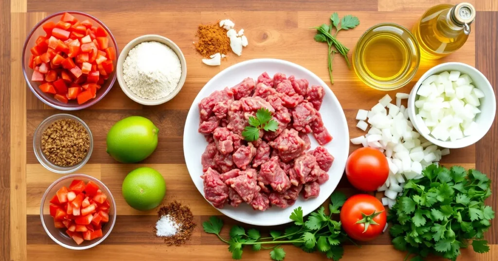 Ingredients for Carne Picada, including finely chopped beef, spices, onions, tomatoes, lime, and fresh cilantro, neatly arranged on a wooden countertop.