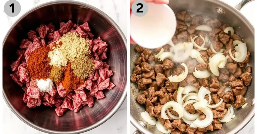 Carne Picada preparation showing beef being seasoned in a bowl and onions sizzling in a skillet as the beef is cooked.