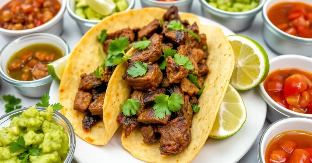 A beautifully presented Carne Picada taco garnished with cilantro, served with guacamole, salsa, and lime wedges on a colorful table setting.