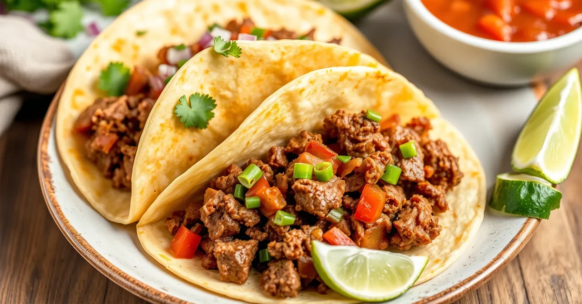 A delicious serving of Carne Picada in a taco shell, garnished with cilantro, onions, and lime wedges, served alongside salsa.