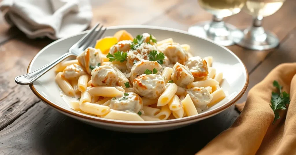 A creamy Chicken Alfredo Penne Pasta dish with grilled chicken, garnished with parsley and Parmesan, served on a rustic table.