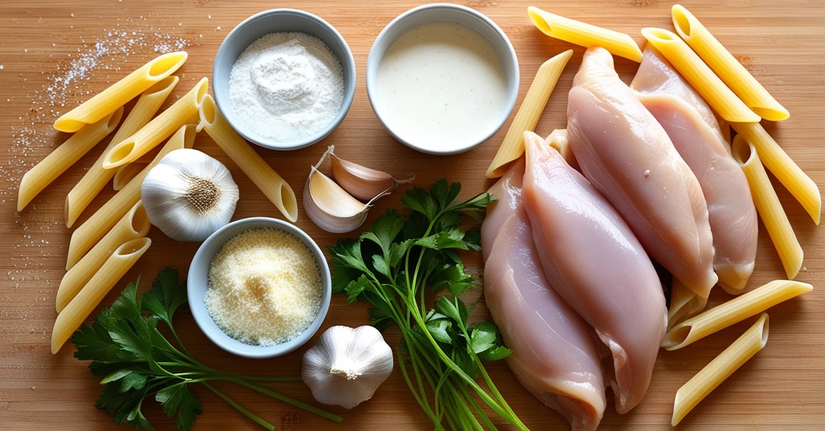 Ingredients for Chicken Alfredo Penne Pasta including penne, chicken, cream, garlic, Parmesan, and parsley displayed on a wooden surface.