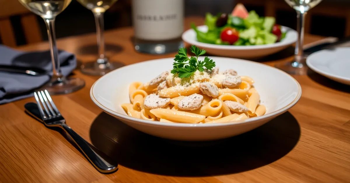 Elegantly presented Chicken Alfredo Penne Pasta in a bowl with parsley and Parmesan, set on a dining table with wine and salad.