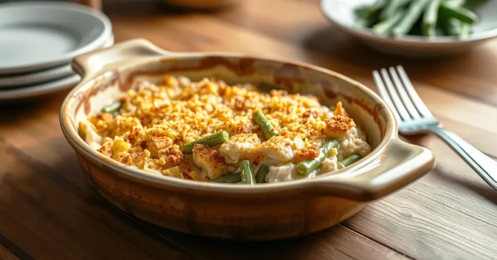 A delicious Chicken Green Bean Casserole served in a rustic dish with a fork, highlighting its creamy texture and crispy topping.