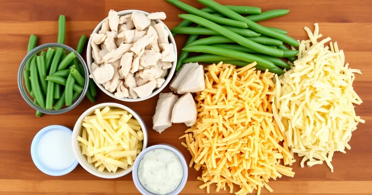 The ingredients for Chicken Green Bean Casserole displayed on a cutting board, including chicken, green beans, cream of mushroom soup, and cheese.