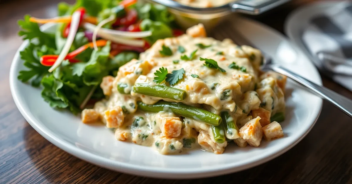 A serving of Chicken Green Bean Casserole on a plate, garnished with parsley, accompanied by a fresh side salad.