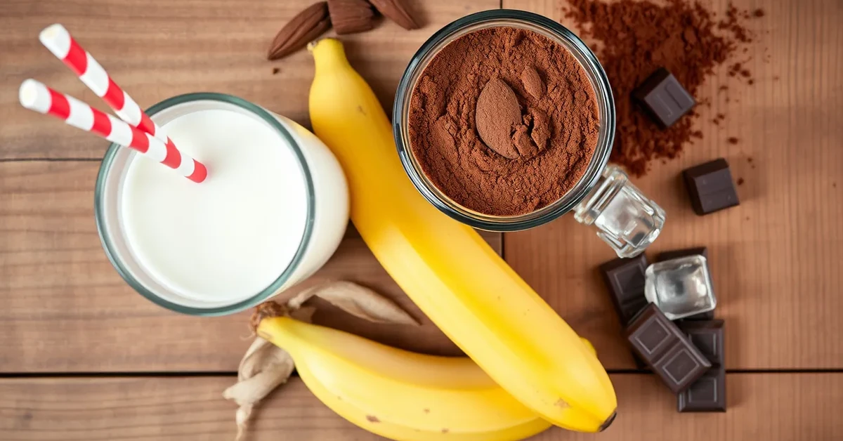 Ingredients for chocolate smoothie including cocoa powder, banana, almond milk, and chocolate pieces.