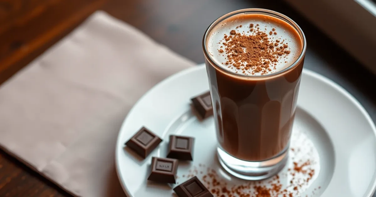 Chocolate smoothie in a glass, topped with cocoa powder and served with chocolate pieces.