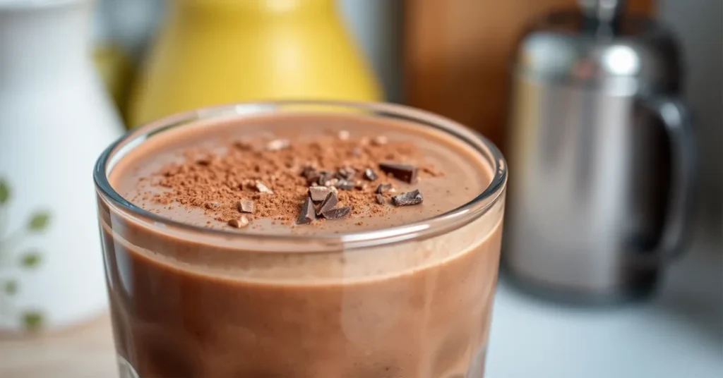 Glass of creamy chocolate smoothie topped with chocolate shavings.